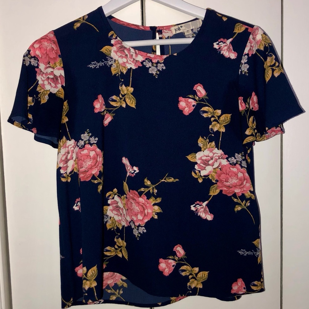 Navy Blue Pink Floral Print Blouse